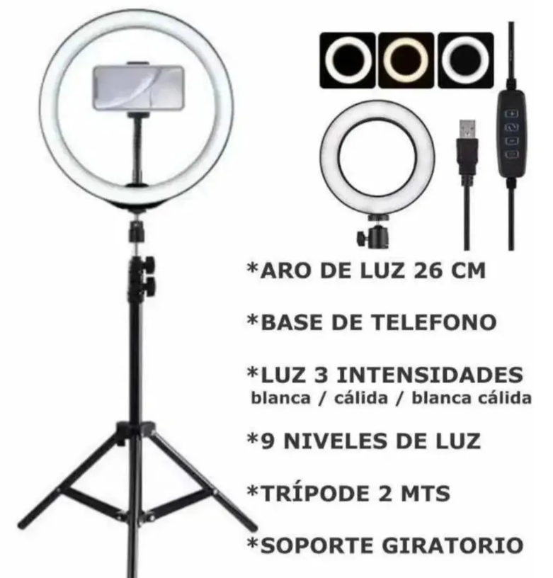 Anillo de luz LED de 26 cm con trípode